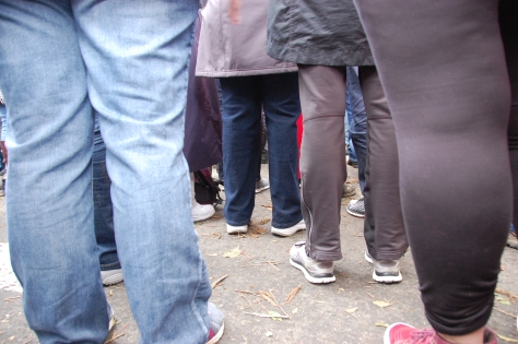image of the backs of people's legs in a crowd, standing on concrete, from a seated view.