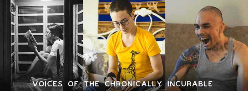 Three images side by side. On the far left is a black and white image of a woman wearing glasses with dark shoulder length hair. She is sitting on a flat surface facing left with her knees drawn up to her chest as she leans slightly forward, reading a book held in front of her with both hands. The image in the center is of an androgynous person with cropped dark hair and glasses, wearing a yellow t shirt with a giraffe on it and sitting on a bed slighting facing the camera with their face turned downward, viewing something in their lap. The far right image is of a man with a close-shaved head and a large tattoo on his right shoulder and arm, wearing a grey tank top. He is turned slightly towards the viewer's left, leaning slightly forward with his mouth open.