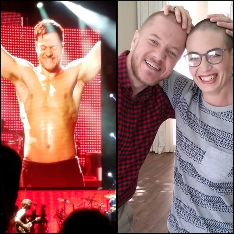 Dan Reynolds is pictured on stage without a shirt, lifting his arms and smiling. A picture next to it shows Dan and Charis (author) side by side with their hands on each others' mostly-shaved heads.